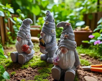 Set of 3 Garden Gnome Figurines with Flowers, Cute Scandinavian Tomte Statues, Mini Patio Ornaments, Outdoor Yard Decor Accessories