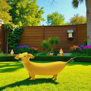 Pode incluir: Uma escultura de cão em forma de banana amarela e caprichosa em um gramado verde. A escultura tem uma cauda verde e um olho preto. O fundo apresenta uma cerca de madeira, vegetação exuberante e flores coloridas, criando uma cena de jardim lúdica.