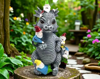 Gartenfigur Drache mit Zwergen: Lustiges Outdoor Geschenk