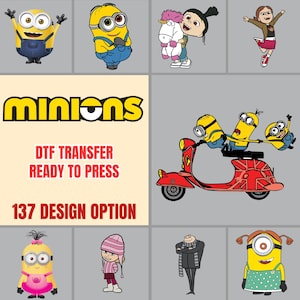 May include: A collection of Minions and Despicable Me character graphics including a DTF transfer sheet with the text MINIONS DTF TRANSFER READY TO PRESS 137 DESIGN OPTION. The images feature various yellow Minions, a girl with a unicorn, and Gru.