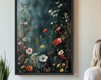 Lienzo impreso con motivos florales oscuros y melancólicos – Arte de flores silvestres enmarcado