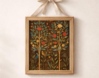 Láminas decorativas de arte popular con árboles, flores y pájaros (descarga digital).