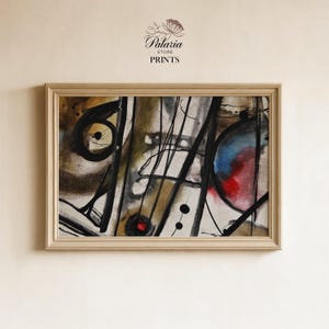 Puede incluir: Impresión de arte abstracto en un marco de madera clara. La obra presenta líneas y formas negras, y un círculo rojo y azul sobre un fondo neutro. El texto "Palaria Store Prints" está en la parte superior.