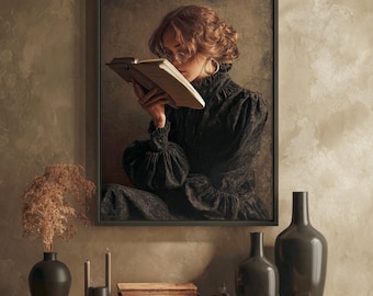 Victorian Woman Reading Book Poster, Moody Dark Academia Print, Bookish Print, Vintage Literary Book Lover Wall Art, Home Decor, Unframed