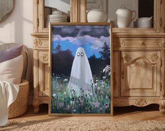 Spooky Ghost Wildblumenfeld Poster, Halloween Kunstdruck, unheimliches Home Decor