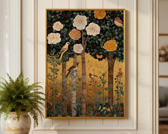 ガーデンズ・ソング ジクレーファインアートポスター：ペルシャの植物画、鳥、装飾的なバラ、金色のダマスク柄プリント、壁掛けアート、ホームデコレーション、額装なし