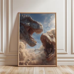 May include: Framed artwork featuring two Tyrannosaurus Rex dinosaurs with open mouths, set against a cloudy sky. The dinosaurs are detailed with textured skin and sharp teeth. The artwork is displayed in a wooden frame.