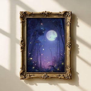 May include: A framed art print depicting a moonlit forest scene. The artwork features a full moon, tall trees, and a mystical, glowing atmosphere. The ornate, gold-colored frame adds a classic touch to the fantasy-themed artwork.