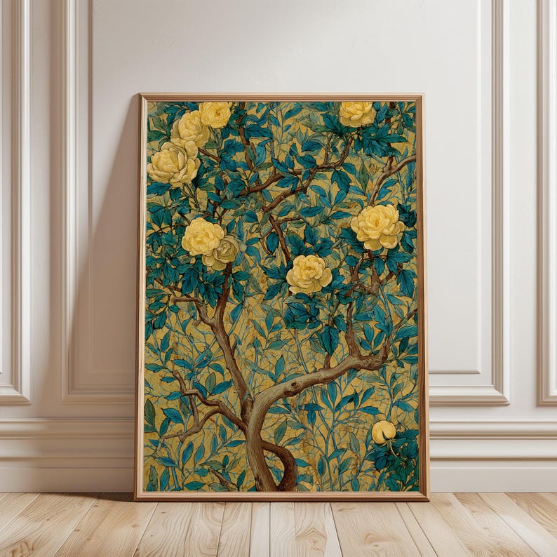 Vintage Floral Art Print, Yellow Roses Gnarled Tree, Gold Textured ...