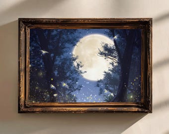 Affiche forêt nuit étrange, lucioles et lune, décoration murale sans cadre