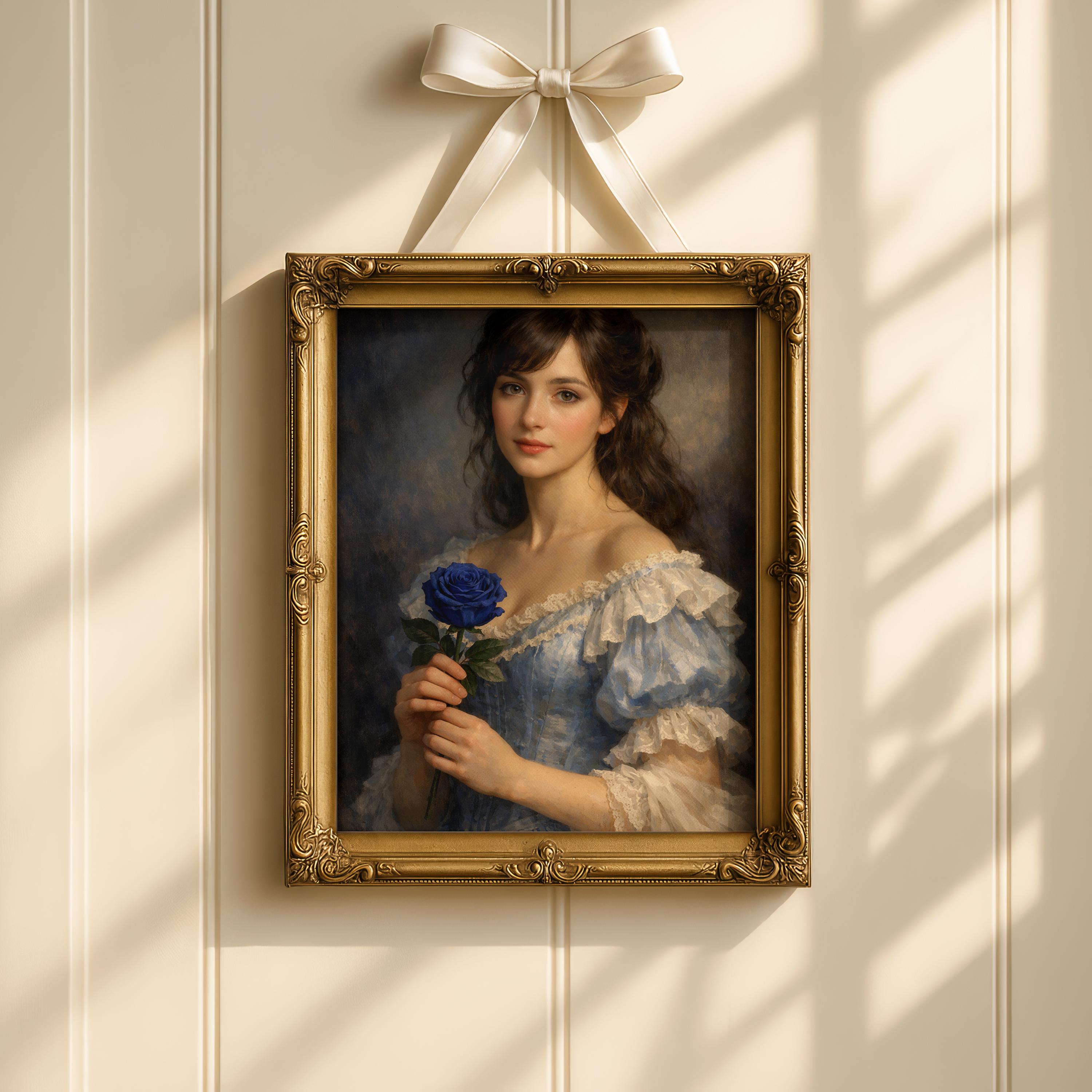 Vintage Victorian Cottagecore Woman Holding Blue Rose Printable, Moody ...