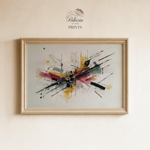 Puede incluir: Impresión artística abstracta en un marco de madera clara. La obra presenta una composición dinámica de líneas negras, que se cruzan con salpicaduras de rojo, amarillo y turquesa. La impresión es de la colección "Palaria Store Prints".