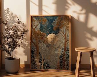 White Gold Full Moon Forest Poster, Ethereal Witchy Night Sky Print, Wall Art Home Decor, Unframed