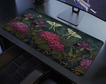 Garden of Luna Moths Desk Mat: Botanical Irises and Hydrangeas Desk Mat, Large Extended Mousepad, Vintage Celestial Moth, Home Office Decor