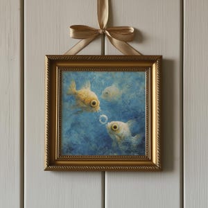 Op de afbeelding: Een ingelijst kunstwerk met drie goudvissen die zwemmen in een blauwe aquatische omgeving. De goudkleurige lijst wordt opgehangen door een bijpassend lint. Het schilderij heeft een getextureerd uiterlijk, met een vis die een bel blaast.