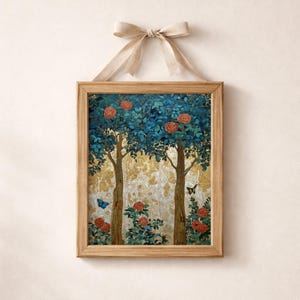 May include: Framed art print featuring a stylized illustration of two trees with blue foliage and red roses. The artwork has a gold background and is adorned with butterflies. The print is displayed in a light brown wooden frame and is suspended by a beige ribbon.