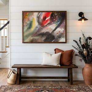May include: A rustic entryway featuring a wooden bench with pillows, a framed abstract painting, and a large terracotta vase with dried plants. A woven basket sits on the floor, and a black light fixture is mounted on the wall.