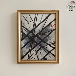 Samspel mellan linjer och former Abstrakt väggkonst, modernt uttryck i blått, lila och djärva accenter, tryck, heminredning (digital nedladdning)