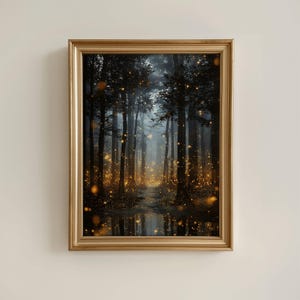 May include: A framed art print depicts a mystical forest scene. Tall, dark trees line a path leading into a misty background. Golden orbs of light float throughout the scene, reflecting in a small body of water.