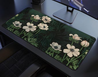 Vintage Botanical Desk Mat, Dark Cottagecore Desk Mat, Sage Green Art Nouveau Large Extended Gaming Desk Mat Mousepad, Home Office Decor