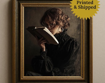 Victorian Woman Reading Book Poster, Moody Library Print, Vintage Style Painting, Wall Art for Book Lovers and Readers, Printed and Shipped