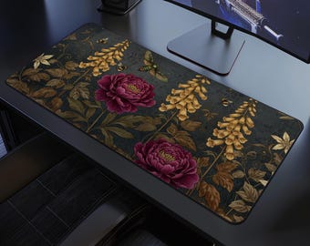 Tappetino da scrivania vintage medievale, motivo antico con piante floreali e falene, grande tappetino per mouse esteso, arredamento per casa e ufficio