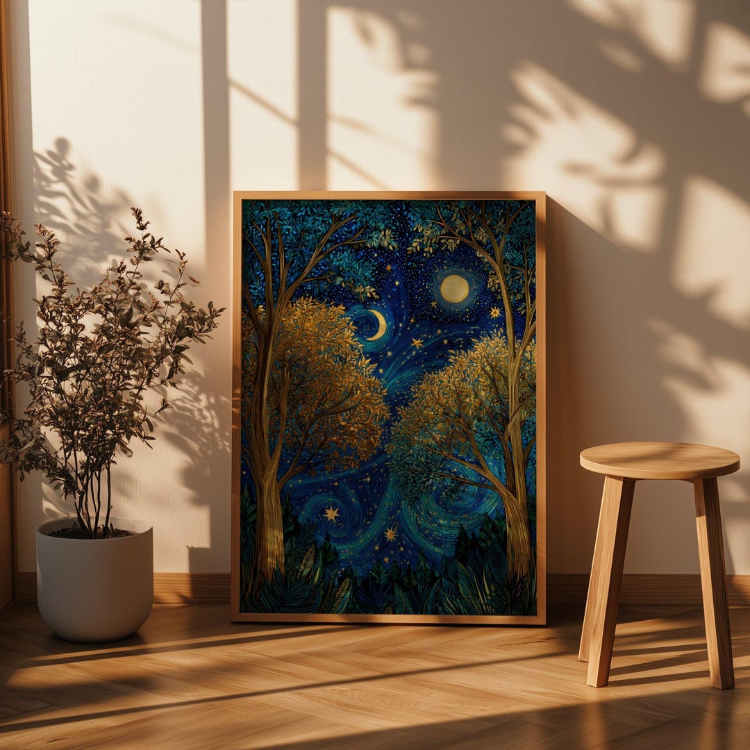 Full Moon Teal Blue Night Sky Wall Art, Celestial Swirls Print ...