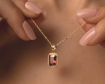 Personalized Gold Garnet Baguette Birthstone Necklace, Custom Gold Birthstone Necklace, Christmas Gift,