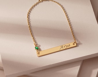 Bar Bracelet with Birthstone, Dainty Personalized Bar Bracelet for Name,Birthstone Bar Bracelet, Engraved Birthstone Bar Bracelet,