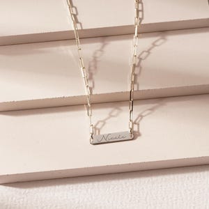 Personalized Paper Clip Name Necklace: Sterling Silver Bar, Birthstone Option