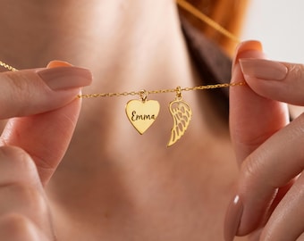 Heart Name Necklace with Angel Wing, Christmas Gift, Personalized Angel Wing Heart Necklace, Memorial Necklace, Engraved Heart Necklace,