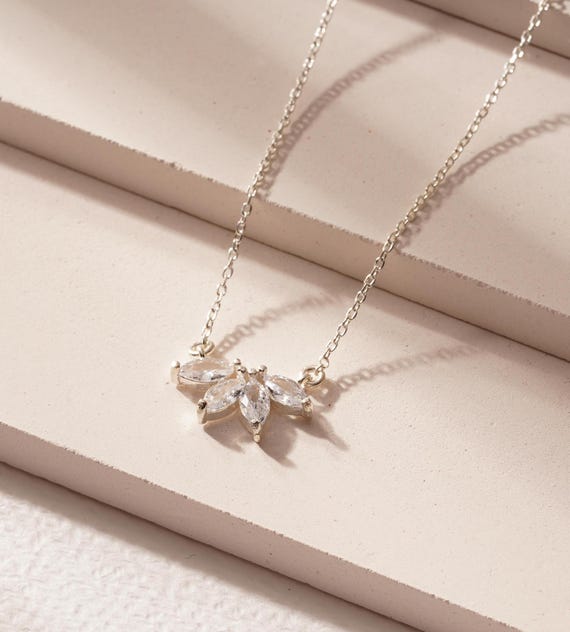 Flower Petal Diamond Necklace, Silver Marquise Necklace, Bridesmaid Gift, Wedding Gift, Marquise Diamond Necklace, Graduation Necklace