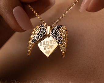 Gepersonaliseerde engelenvleugels ketting met naam, beschermengelenvleugels ketting voor moeder, engelenvleugels met hart ketting, te openen engelenketting