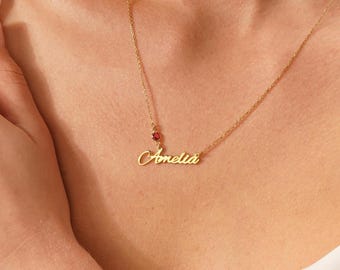 Personalised Sterling Silver Name Necklace with Birthstone; Dainty Mother's Day Gift,