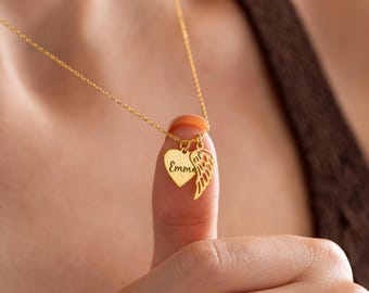 Heart Name Necklace with Angel Wing, Personalised Angel Wing Heart Necklace, Memorial Necklace, Engraved Heart Necklace, Mother's Day Gift,