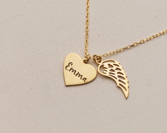Heart Name Necklace with Angel Wing, Christmas Gift, Personalized Angel Wing Heart Necklace, Memorial Necklace, Engraved Heart Necklace,