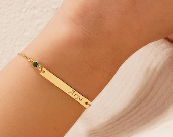 Bar Bracelet with Birthstone, Dainty Personalised Bar Bracelet for Name, Birthstone Bar Bracelet, Engraved Birthstone Bar Bracelet,