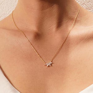 May include: A delicate gold chain necklace with a small, sparkling diamond pendant in the shape of a cluster of leaves.