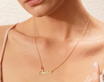 Name Necklace with Birthstone, Custom Birthstone Name Necklace, Name and Birthstone Necklace, Minimalist Name Necklace, Mother's Day Gift,