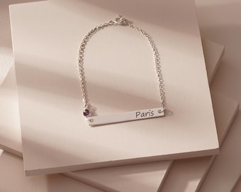 Bar Bracelet with Birthstone, Dainty Personalized Bar Bracelet for Name, Birthstone Bar Bracelet, Engraved Birthstone Bar Bracelet,