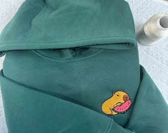 Cute Capybara Watermelon Embroidered Sweatshirt Hoodie - Cozy Animal Gift