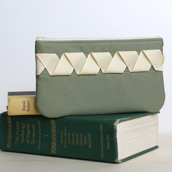 Handmade Zipper Pouch- Ribbony Pouch in Sage and Cream