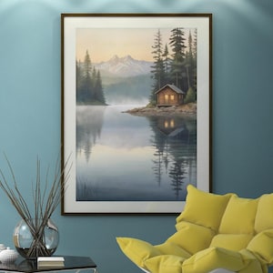 Waldsee Wandposter Landschaft Tannenwald Malerei Kunstdruck Aquarell Berge  Wohnzimmer Waldlandschaft Aquarellbild See