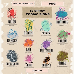 12 Spray  Zodiac Signs PNG SVG Bundle Horoscope  Lover T-shirt Mug Sticker Funny Clipart Design Digital Product Astrology Constellation Gift