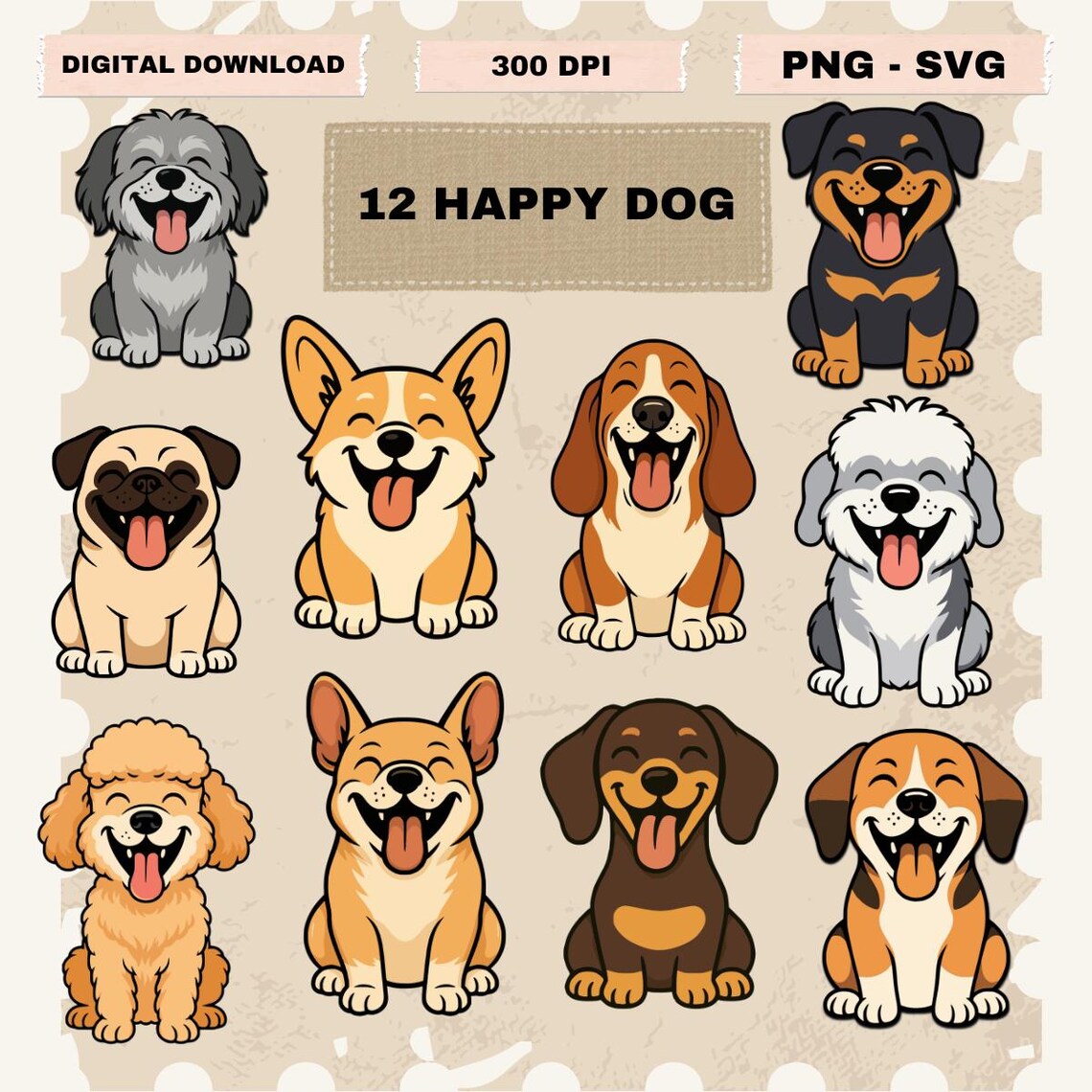 Happy Dog Clipart Bundle, Cute Cartoon Pets (PNG SVG Digital Download ...