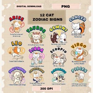 Ensemble PNG signes du zodiaque chat : horoscope clipart pour t-shirts, tasses (téléchargement numérique)