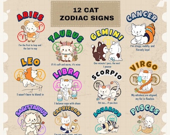 Cat Zodiac Signs PNG Bundle: Horoscope Clipart for T-shirts, Mugs (Digital Download)