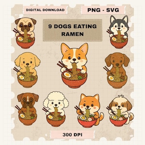 May include: Nine cartoon dogs of different breeds eating ramen noodles from bowls. The dogs are all smiling and enjoying their meal. The image is in a cartoon style and has a light brown background.