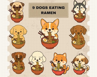 May include: Nine cartoon dogs of different breeds eating ramen noodles from bowls. The dogs are all smiling and enjoying their meal. The image is in a cartoon style and has a light brown background.