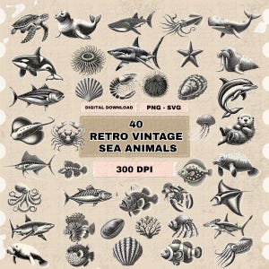 Op de afbeelding: Een verzameling van 40 retro vintage illustraties van zeedieren in zwart-wit. De afbeelding bevat verschillende zeedieren zoals haaien, walvissen, vissen en schaaldieren. De tekst "40 Retro Vintage Sea Animals" is ook opgenomen.